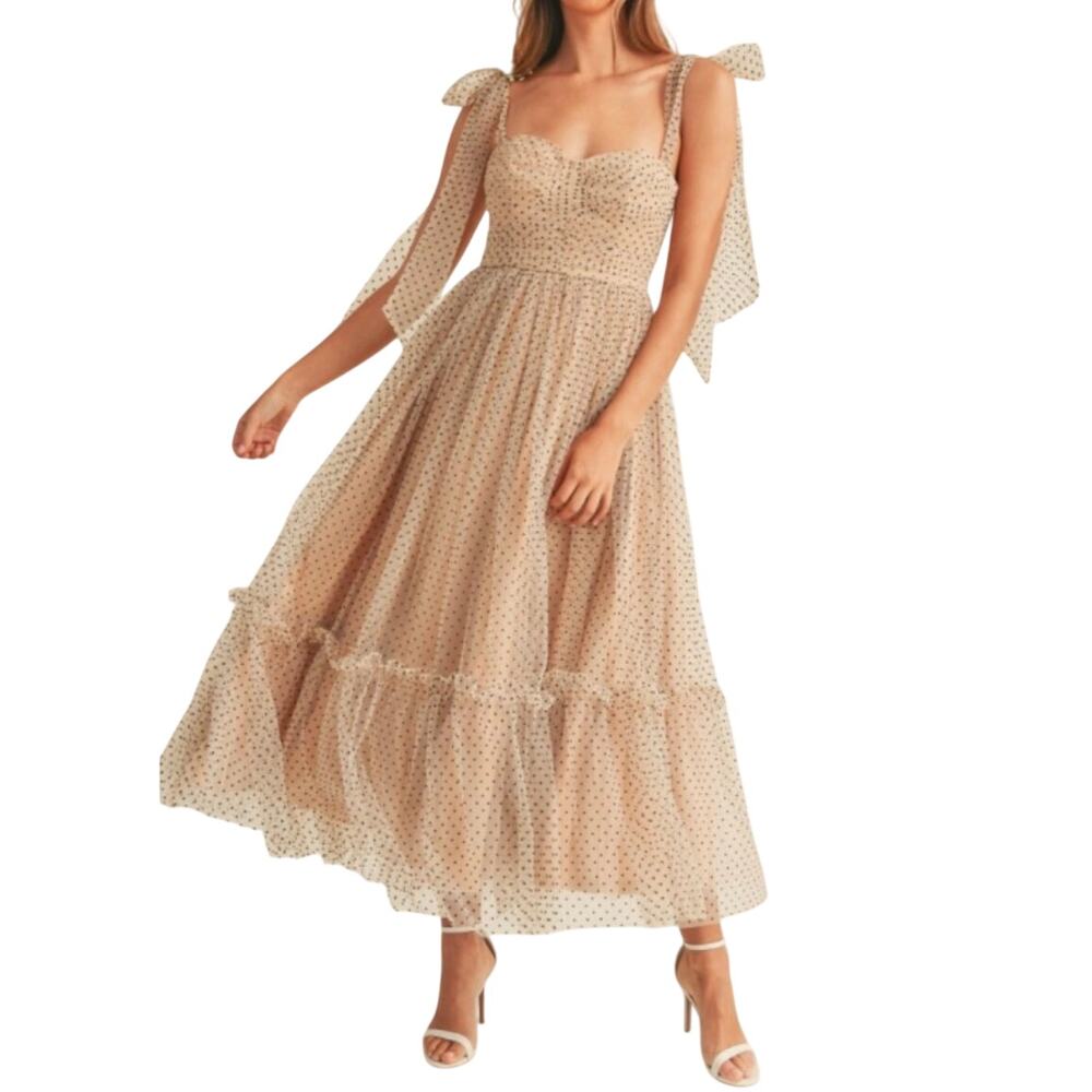 Morning Lavender Romantic Tulle Midi Dress Polka Dot Sweetheart Nude Tan Small
